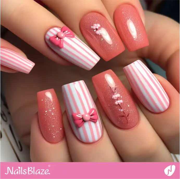 Striped Nails Bow Design with Peach Fuzz Glitter | Color of the Year 2024 - NB1943